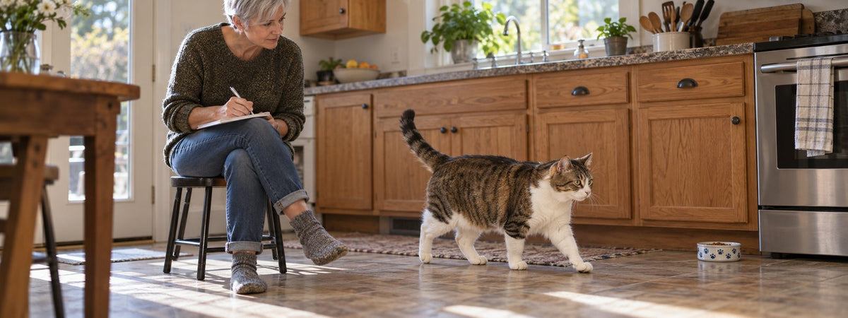 A woman records observations while a tabby cat walks through the kitchen.