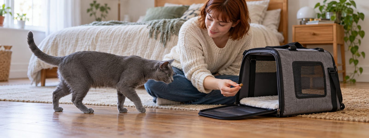 A gray cat approaches an open carrier as a woman offers a treat nearby.