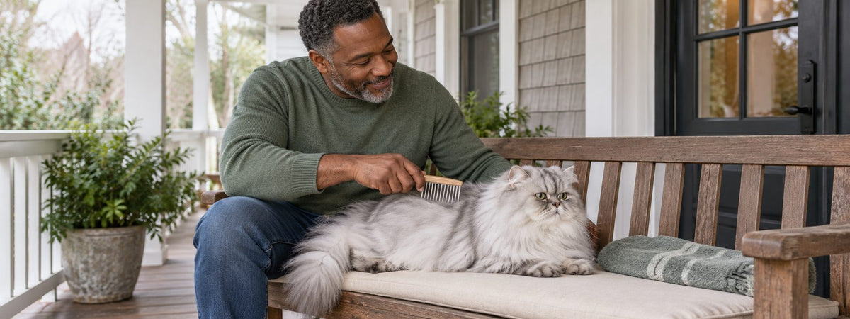 A man gently combs a long-haired silver cat on a covered porch.