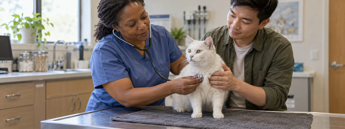 A veterinarian examines a white cat with its caregiver in a clinic.
