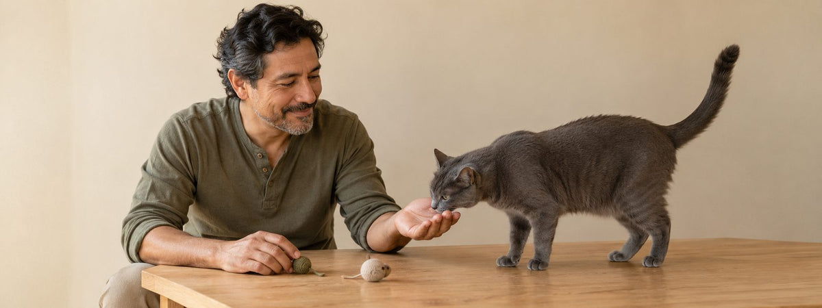A gray cat sniffs a man's hand beside a simple dining table.