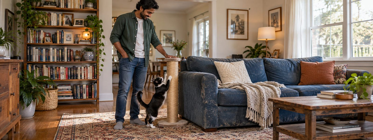 A tuxedo cat stretches on a scratching post beside a sofa while a man watches.