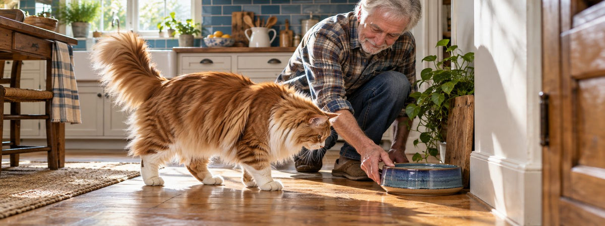 A man places a water bowl in the kitchen as a ginger cat approaches.